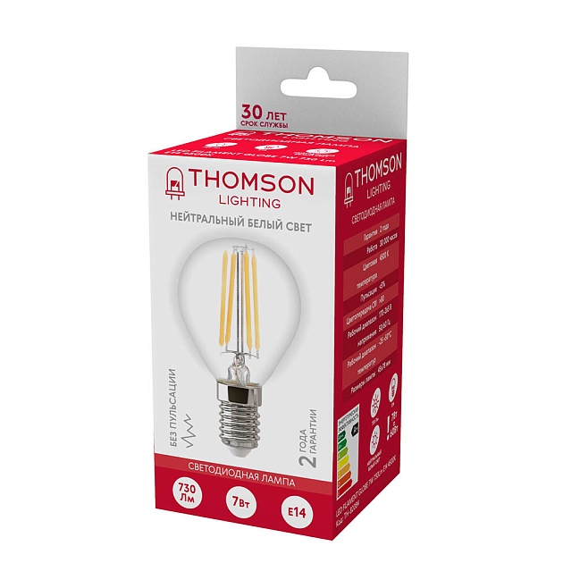 Лампа светодиодная филаментная Thomson E14 7W 4500K шар прозрачная TH-B2084 фото 3