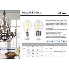Лампа светодиодная филаментная Feron E14 9W 2700K Шар Прозрачная LB-509 38001 1