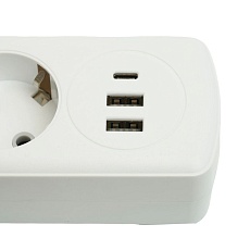 Удлинитель 3-местный c/з 3x1 мм2, 3 м, 250В, 10А, 2USB+1Type-C 2,4А, серия Home plus, белый STEKKER HM08-33-02 49977 1