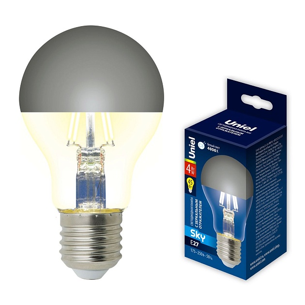 Лампа светодиодная Uniel E27 4W 4000K зеркальная LED-A60-4W/4000K/E27/CL MIRROR/CHROME PLS02WH UL-00011796 Фото № 1