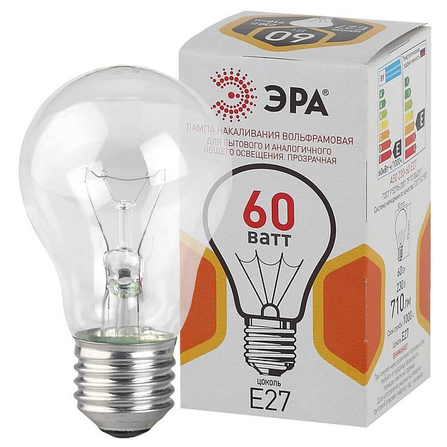 Лампа накаливания ЭРА E27 60W 2700K прозрачная A50 60-230-Е27-CL Б0039122 фото 2