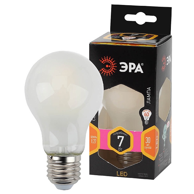 Лампа светодиодная филаментная ЭРА E27 7W 2700K матовая F-LED A60-7W-827-E27 frost Б0035031 фото 3
