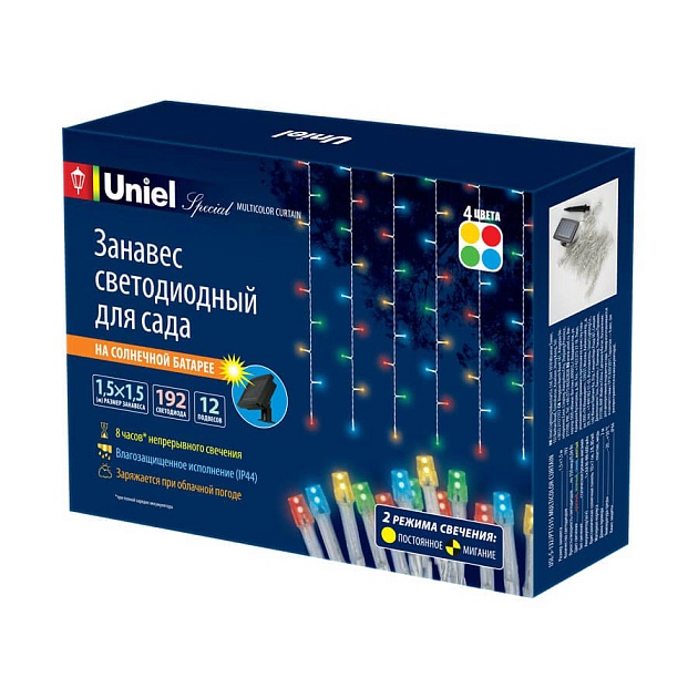 Гирлянда на солнечных батареях Uniel Занавес USL-S-132/PT1515 Multicolor Curtain UL-00006539 Фото № 4