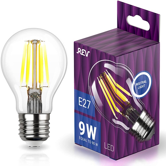 Лампа светодиодная филаментная REV Deco Premium A60 E27 9W нейтральный белый свет груша 32476 8 фото 