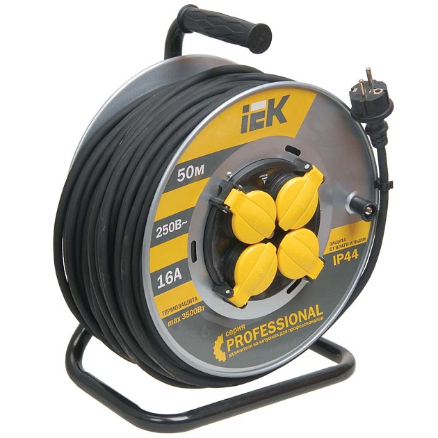 Катушка УК50 на мет. с термозащитой 4 места 2P+PE/50м КГ 3х1,5мм2 IP44 PROFESSIONAL IEK WKP16-16-04-50-44 Фото № 1