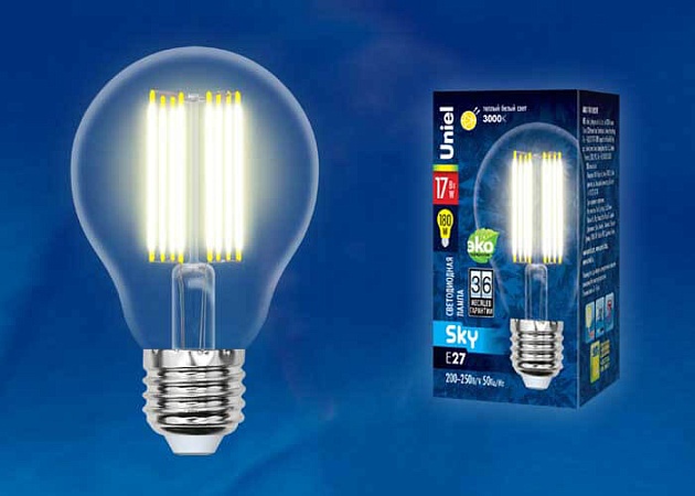 Лампа светодиодная филаментная Uniel E27 17W 3000K прозрачная LED-A70-17W/3000K/E27/CL PLS02WH UL-00004870 фото 2