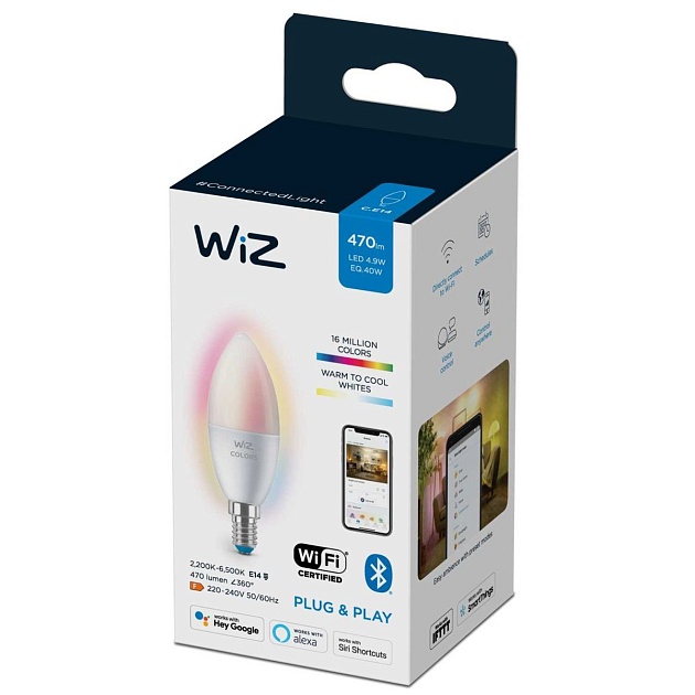 Лампа светодиодная диммируемая WiZ E14 4,9W RGB+CCT матовая Wi-Fi BLE 40WC37E14922-65RGB1PF/6 929002448802 фото 4