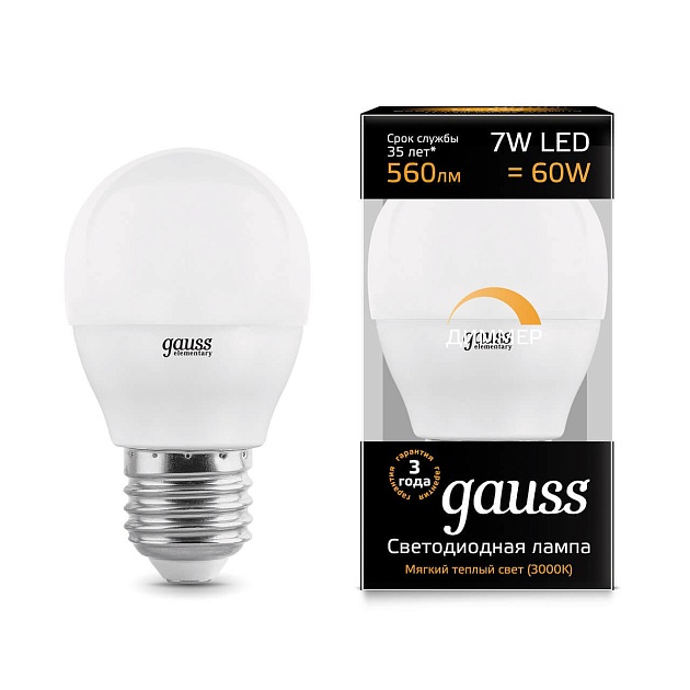 Лампа светодиодная диммируемая Gauss E27 7W 3000K матовая 105102107-D Фото № 1