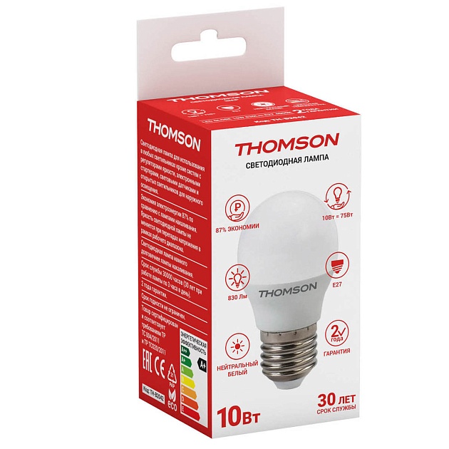 Лампа светодиодная Thomson E27 10W 4000K шар матовая TH-B2042 фото 2