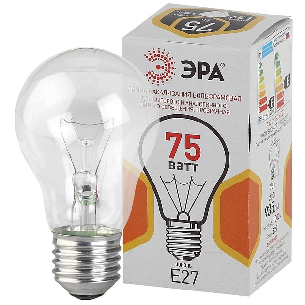 Лампа накаливания ЭРА E27 75W 2700K прозрачная A50 75-230-Е27-CL Б0039123 фото 3