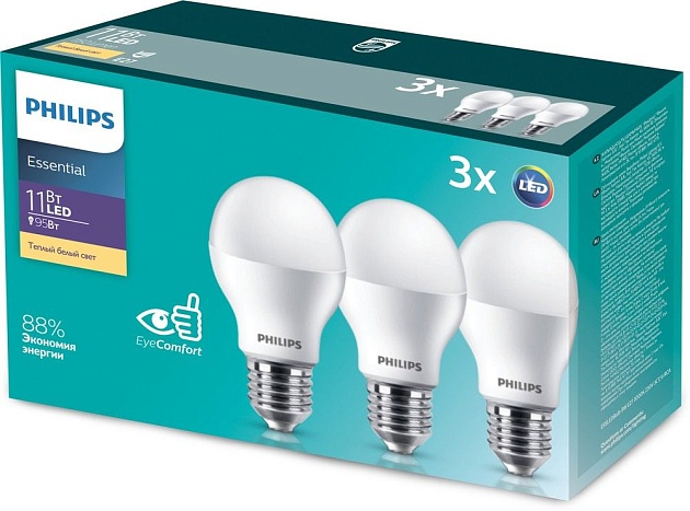 Лампа светодиодная Philips E27 11W 3000K матовая (3 шт) 929002299547 фото 2