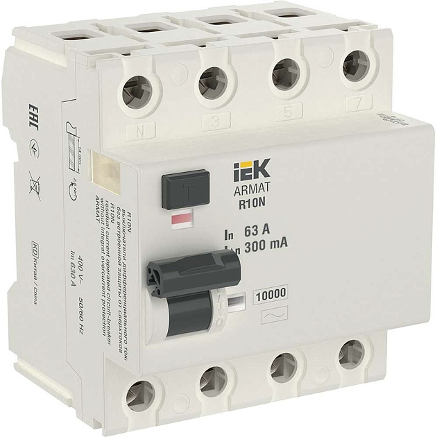 ARMAT Выключатель дифференциального тока R10N 4P 63А 300мА тип AC IEK AR-R10N-4-063C300 Фото № 1