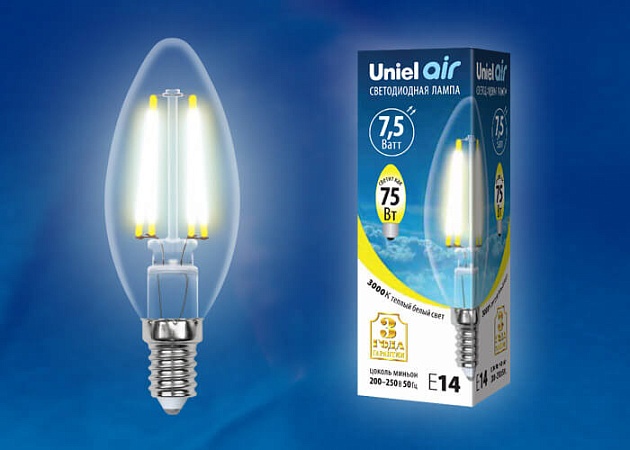 Лампа светодиодная филаментная Uniel E14 7,5W 3000K прозрачная LED-C35-7,5W/WW/E14/CL GLA01TR UL-00003245 фото 2