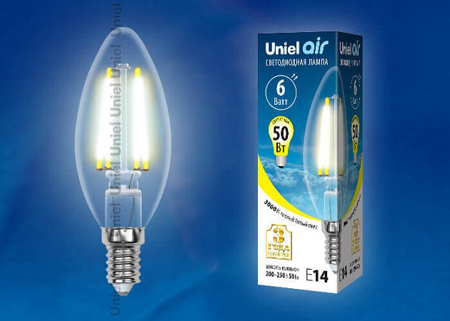 Лампа светодиодная филаментная Uniel E14 6W 3000K прозрачная LED-C35-6W/WW/E14/CL GLA01TR UL-00002196 Фото № 2