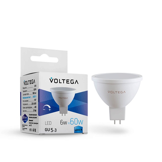 Лампа светодиодная диммируемая Voltega GU5.3 6W 4000K матовая VG2-S1GU5.3cold6W-D 7171 фото 