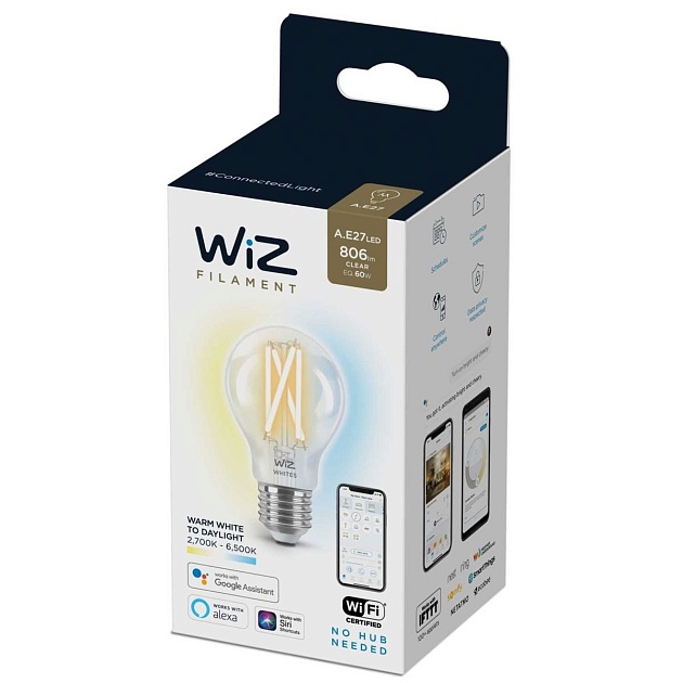 Лампа светодиодная филаментная диммируемая WiZ E27 7W 2700-6500K прозрачная Wi-Fi BLE 60WA60E27927-65CL1PF/6 929003017201 фото 4