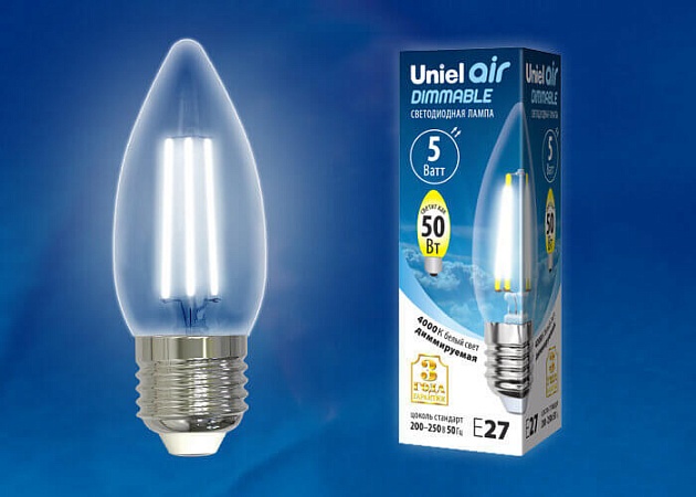 Лампа светодиодная филаментная диммируемая Uniel E27 5W 4000K прозрачная LED-C35-5W/NW/E27/CL/DIM GLA01TR UL-00003642 Фото № 2