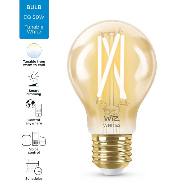 Лампа светодиодная филаментная диммируемая WiZ E27 7W 2700-6500K золотая Wi-Fi BLE50WA60E27920-50Amb1PF/6 929003017401 фото 2