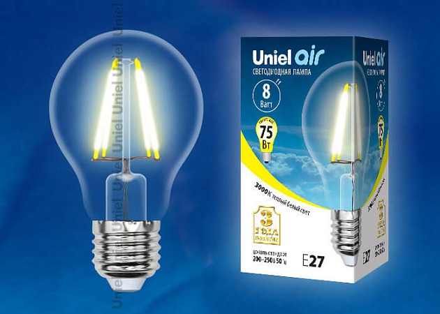 Лампа светодиодная филаментная Uniel E27 8W 3000K прозрачная LED-A60-8W/WW/E27/CL GLA01TR UL-00002210 фото 2