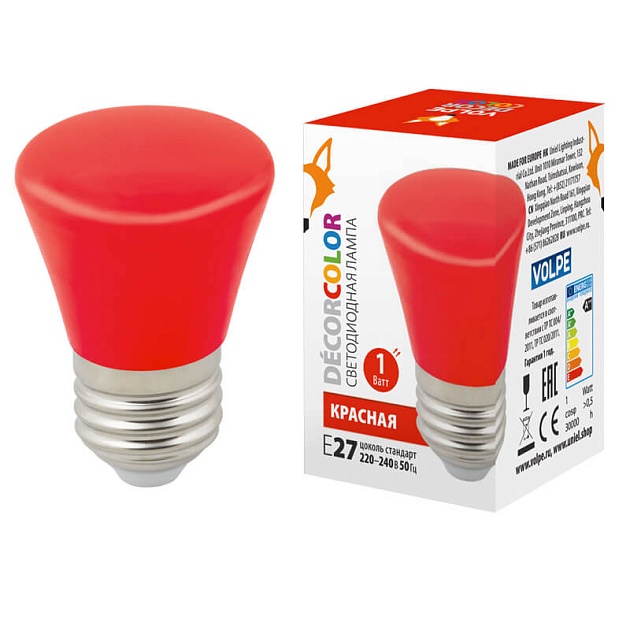 Лампа светодиодная Volpe E27 1W красная LED-D45-1W/RED/E27/FR/С BELL UL-00005638 фото 