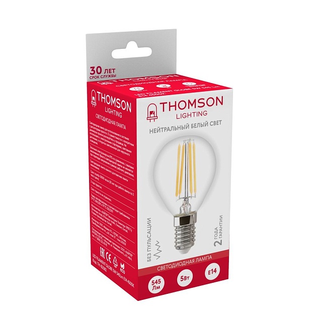 Лампа светодиодная филаментная Thomson E14 5W 4500K шар прозрачная TH-B2082 фото 2