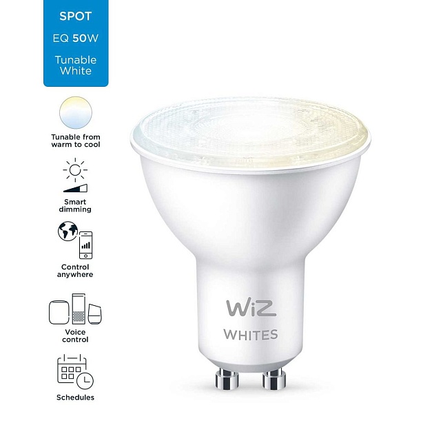 Лампа светодиодная диммируемая WiZ GU10 4,7W 2700-6500K прозрачная Wi-Fi BLE 50W GU10 927-65 TW 1PF/6 929002448302 фото 2