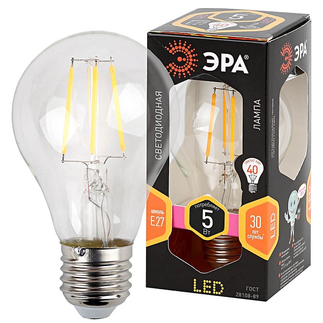Лампа светодиодная филаментная ЭРА E27 5W 2700K прозрачная F-LED A60-5W-827-E27 Б0019010 фото 3