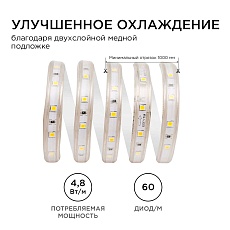 Светодиодная влагозащищенная лента Apeyron 4,8W/m 60LED/m 3528SMD холодный белый 5M 10-04 3