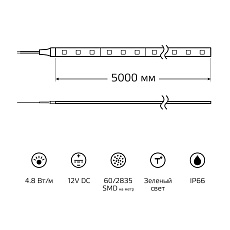 Светодиодная влагозащищенная лента Gauss 4,8W/m 60LED/m 2835SMD зеленый 5M 311000605 2