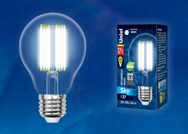 Лампа светодиодная филаментная Uniel E27 17W 4000K прозрачная LED-A70-17W/4000K/E27/CL PLS02WH UL-00004871 фото 2