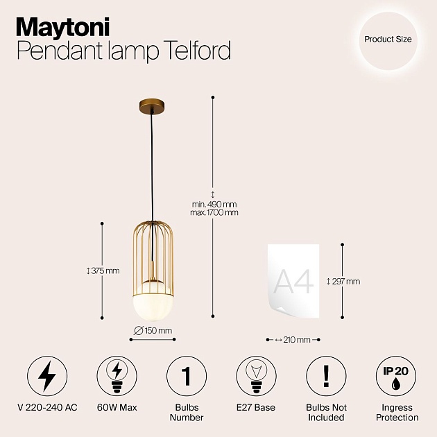 Подвесной светильник Maytoni Telford P362PL-01G изображение 2 Подвесной светильник Maytoni Telford P362PL-01G Фото № 2
