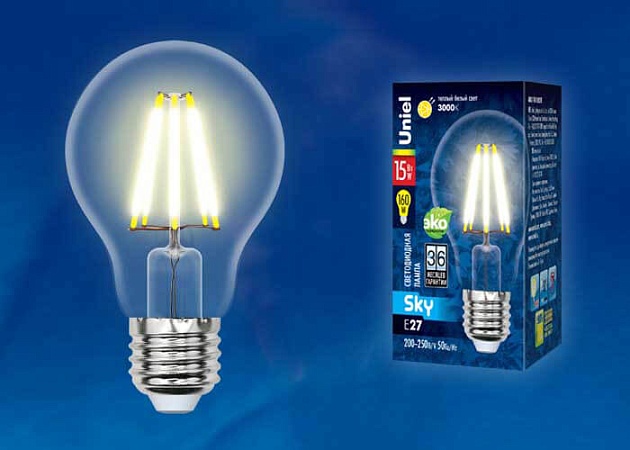 Лампа светодиодная филаментная Uniel E27 15W 3000K прозрачная LED-A70-15W/3000K/E27/CL PLS02WH UL-00004868 фото 2