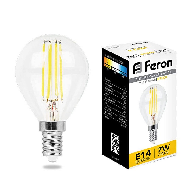 Лампа светодиодная филаментная Feron E14 7W 2700K Шар Прозрачная LB-52 25874 фото 
