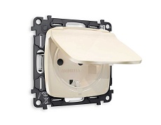 Комплект механизма электрической розетки AMBRELLA VOLT OMEGA Бежевый глянец с/з с шторками и крышкой IP44 QUANT (OP3080, VM141)  MO308010