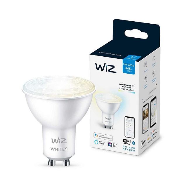 Лампа светодиодная диммируемая WiZ GU10 4,7W 2700-6500K прозрачная Wi-Fi BLE 50W GU10 927-65 TW 1PF/6 929002448302 фото 