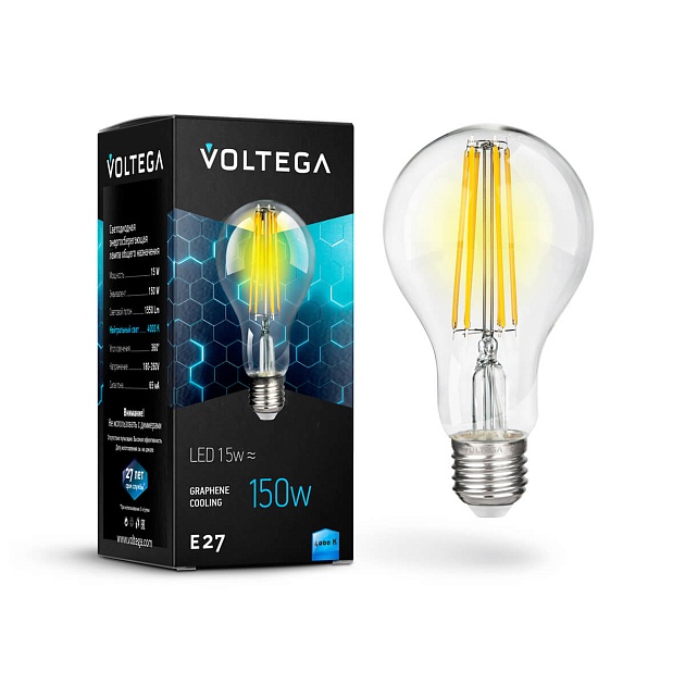 Лампа светодиодная филаментная Voltega E27 15W 4000К прозрачная VG10-A1E27cold15W-F 7103 фото 