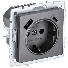 BRITE Розетка 1-местная с заземлением с защитными шторками 16А с USB A+C 18Вт РЮш11-1-БрС сталь IEK BR-R14-16-U22-018-K46