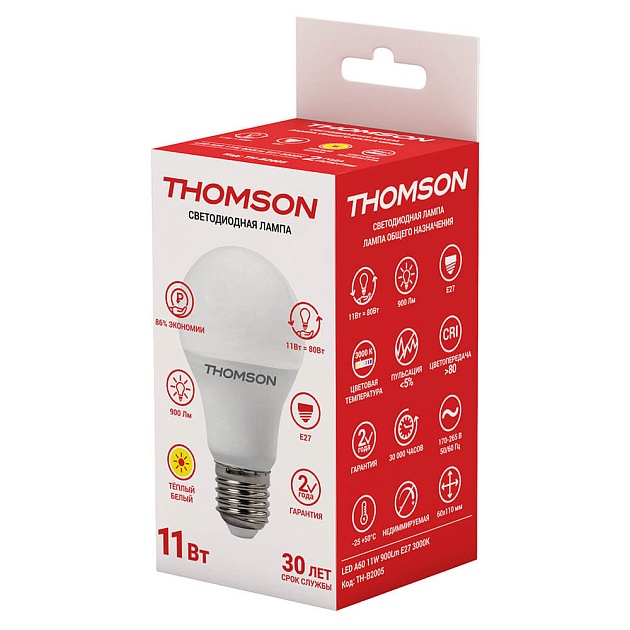 Лампа светодиодная Thomson E27 11W 3000K груша матовая TH-B2005 фото 2