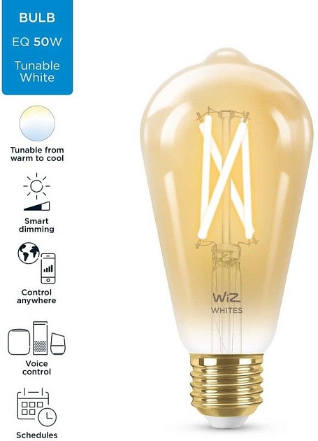 Лампа светодиодная филаментная диммируемая WiZ E27 7W 2700-6500K золото Wi-Fi BLE50WST64E27920-50Amb1PF/6 929003018701 фото 2