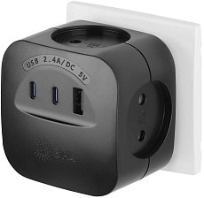 Разветвитель электрический ЭРА SP-4-3USBAC-B на 4 розетки + 3 USB A+C со шторками 10А черный Б0069084 1
