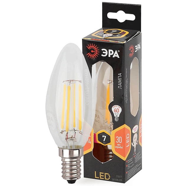 Лампа светодиодная филаментная ЭРА E14 7W 2700K прозрачная F-LED B35-7W-827-E14 Б0027942 фото 2