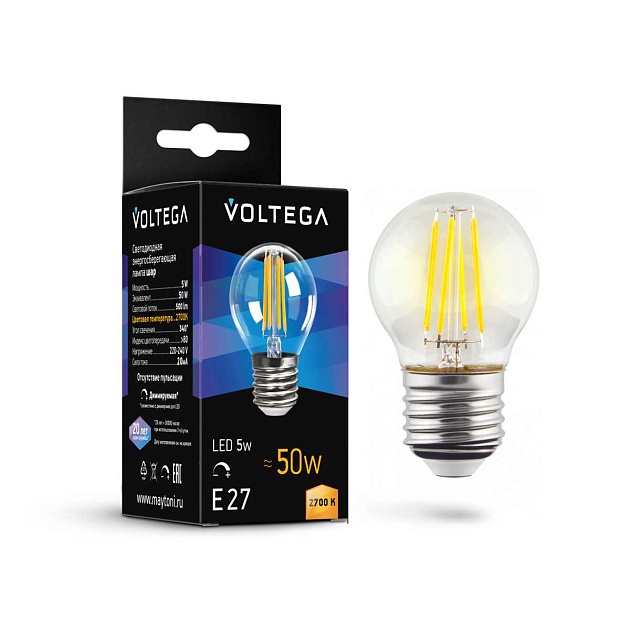 Лампа светодиодная диммируемая Voltega E27 5W 2700K прозрачная 7201 Фото № 2