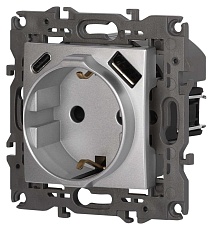 Розетка ЭРА Elegance 14-4108-03 2P+E 16A-250В со шторками с USB type-A+C 5В-3А алюминий Б0067741 5