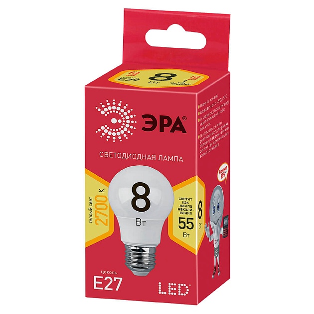 Лампа светодиодная ЭРА E27 8W 2700K матовая ECO LED A55-8W-827-E27 Б0032095 фото 4