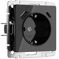 Розетка Werkel с заземлением, шторками и USB тип A+C (черный акрил) W1171748 4690389197741 4