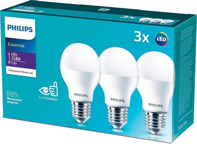 Лампа светодиодная Philips E27 11W 4000K матовая (3 шт) 929002299747 фото 2