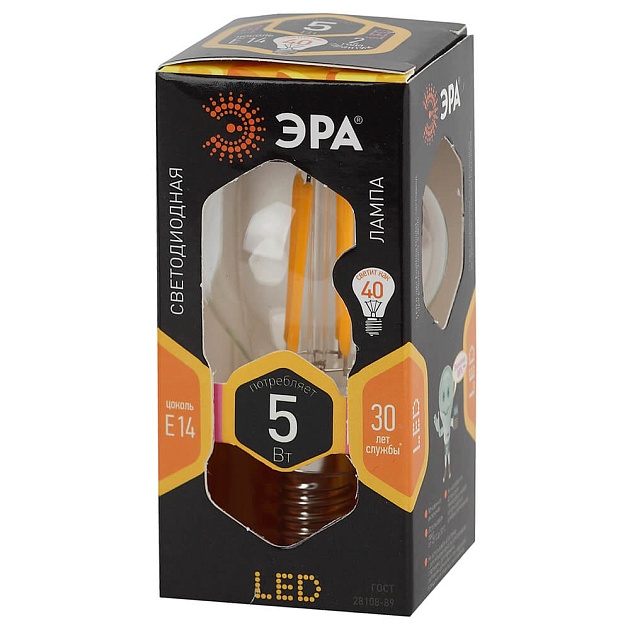 Лампа светодиодная филаментная ЭРА E14 5W 2700K прозрачная F-LED P45-5W-827-E14 Б0043437 фото 2