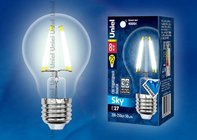 Лампа светодиодная филаментная Uniel E27 8W 4000K прозрачная LED-A60-8W/NW/E27/CL PLS02WH UL-00001372 фото 2