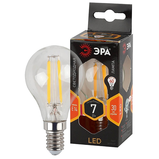 Лампа светодиодная филаментная ЭРА E14 7W 2700K прозрачная F-LED P45-7W-827-E14 Б0027946 фото 3