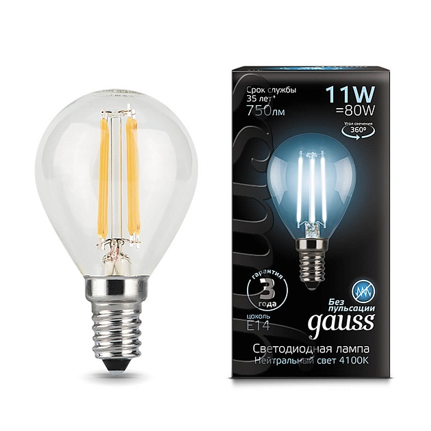 Лампа светодиодная филаментная Gauss E14 11W 4100К прозрачная 105801211 фото 